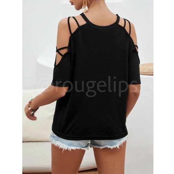 Black Strappy Short Sleeve Tee Shirt Top Cold Shoulder - Picture 3 of 7